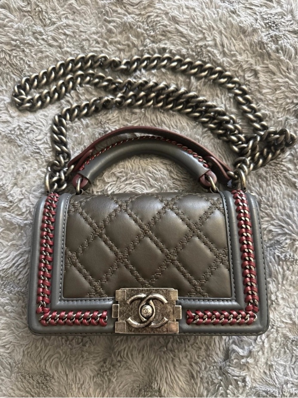 CHANEL 2015 Small Boy Quilted Mini Top-Handle Bag in Taupe with Red Trim